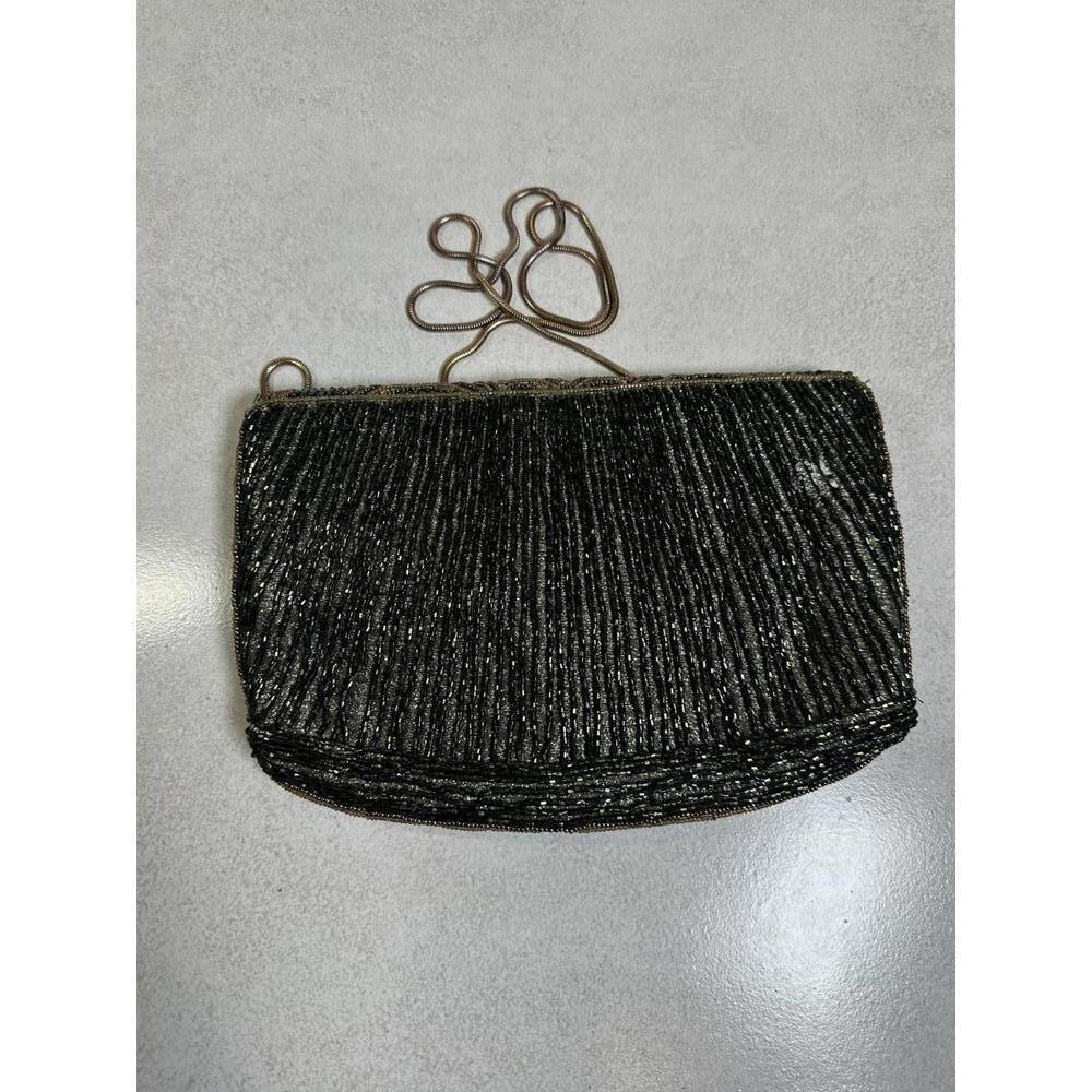 9.5x6.5 Beaded Evening Clutch Art Deco Style Gold Black Shoulder Bag - Picture 2 of 6